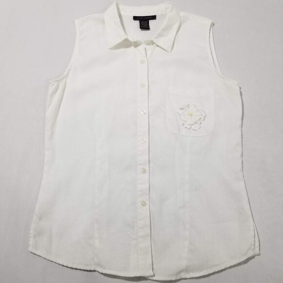 Anne Carson Linen Shirt Womens Medium Sleeveless Embellished Flower Art to Wear - Picture 8 of 8